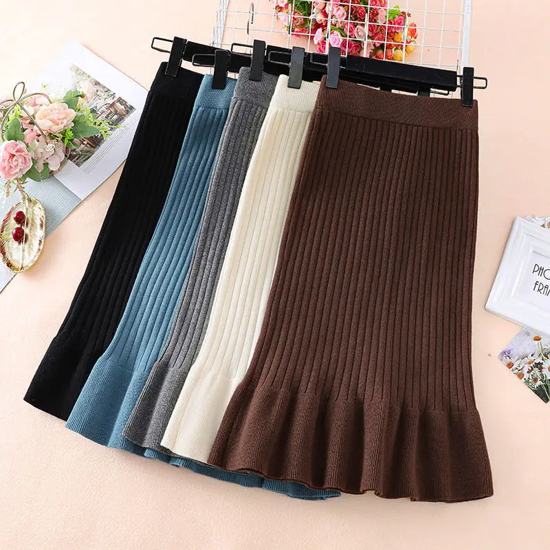 Women\'s Skirt Knitted High Waist Ruffles Mermaid Skirt Casual Commuter Bag Hip Midi Skirt Office Lady Solid Elastic Pencil Skirt