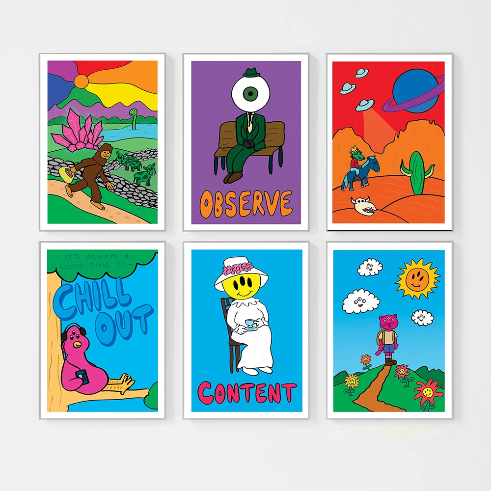 Póster surrealista de arte extraño, observar el globo ocular, hombre, tercer ojo, gato, excursionista, pintura en lienzo, abstracción, imagen de pared, decoración del hogar para sala de estar