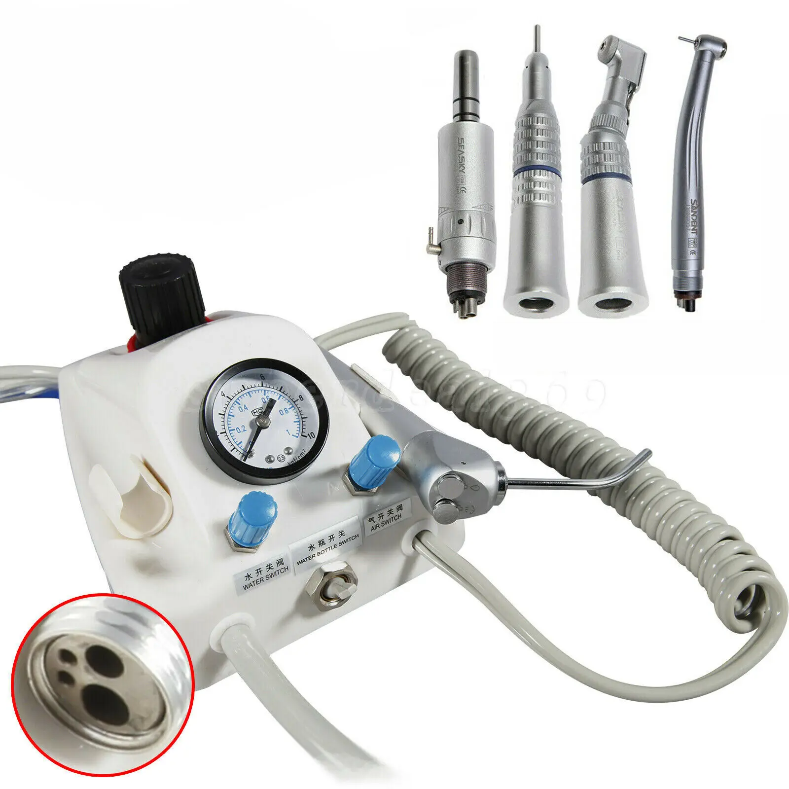 Portable Dental Air Turbine Unit Work Syringe High Low Speed Contra Angle Straight Handpiece Air Motor 4Hole