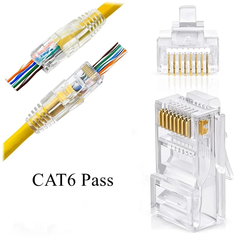 HTOC RJ45 Pass Through Crimp Tool Network Cable Tester 50PCS CAT6 Pass Connectors Mini Wire Stripper RJ45 Coupler For CAT5 CAT6