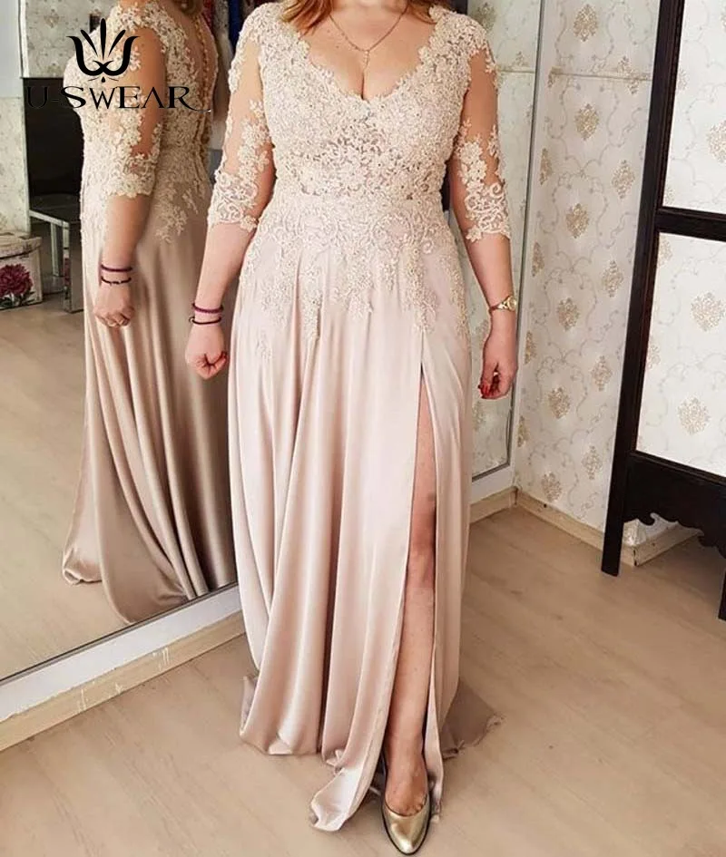 

Mother of The Bride Dresses V-neck 3/4 Sleeves Appliques Wedding Party Dress Mother Dresses for Wedding Vestido Mae Da Noiva