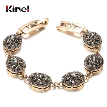 Kinel Charm Boho Women Link Bracelet Antique Gold Color Gray Crystal Ethnic Wedding Bridal Vintage Jewelry Russia Accessories