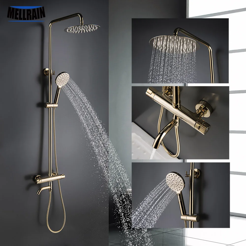 Deluxe Gold Shower Set Thermostatic Bathroom 3 Ways Shower Faucet Metal Shower Head Wall Mounted Golden Bath Water Mixer