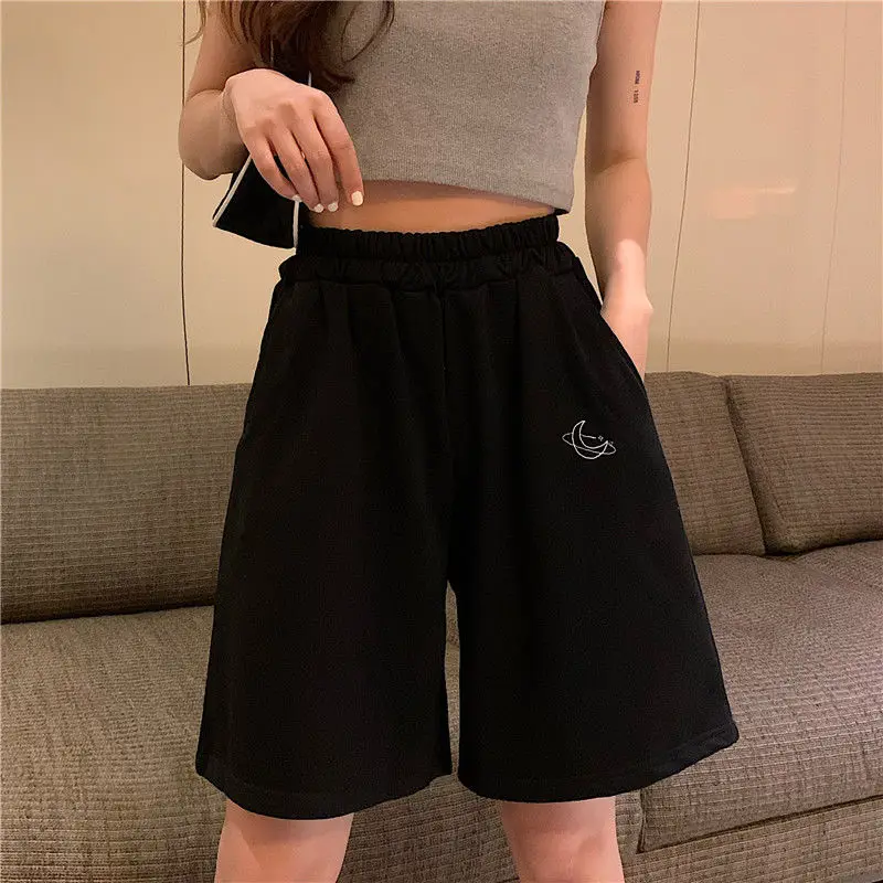 Harajuku Elastic High Waist Moon Embroidered Shorts Women Loose Sport Summer BF Casual Running Shorts Women Biker Baggy Short