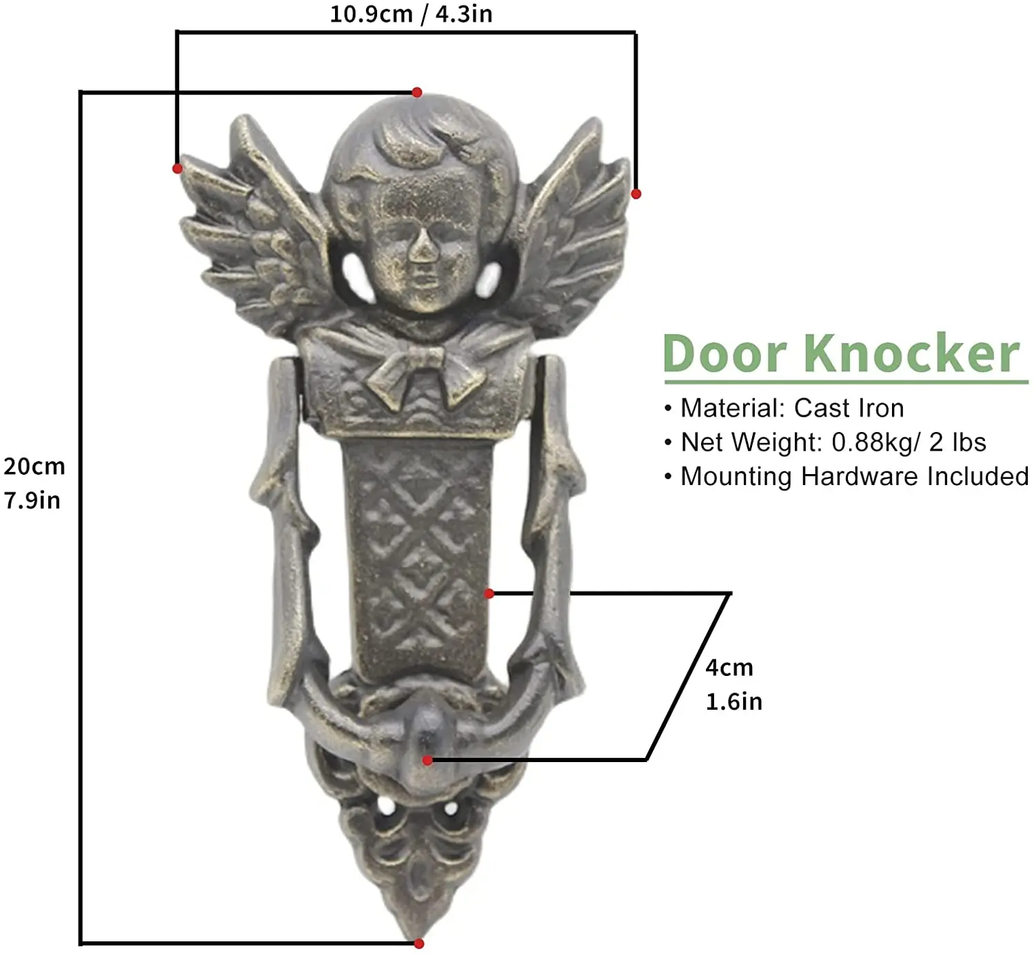 Angel Front Door Knocker, Rustic Weather-Resistant Cast Iron Doorbell with Mounting Decor Door Accessories for Decoration