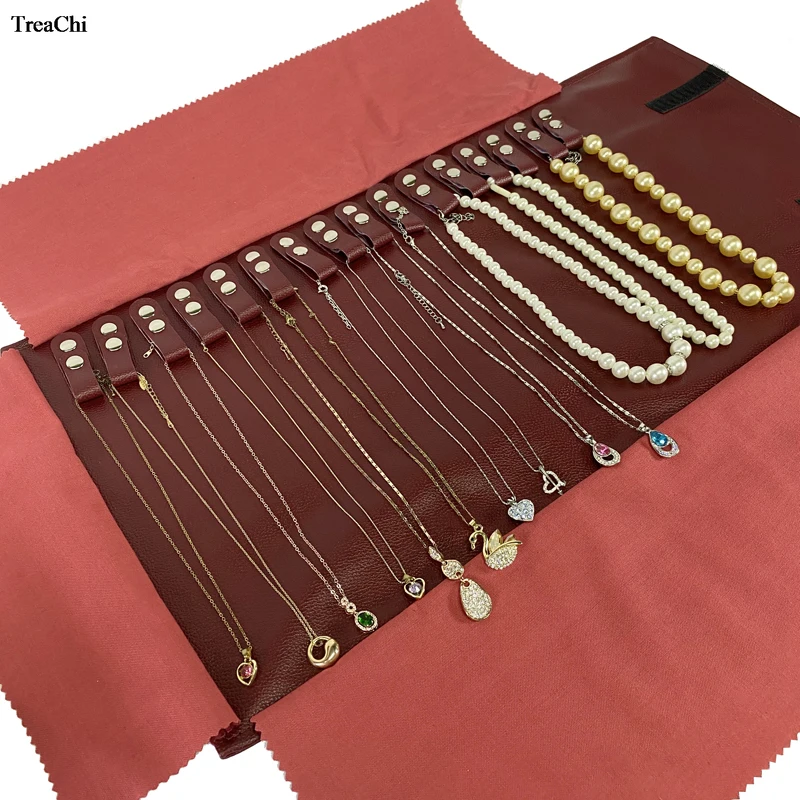 Fashion PU Jewelry Storage Travel Roll Bag For 16Pcs Necklace Red Chain Organizer Display Pouch Bracelet Packaging Roll Bag