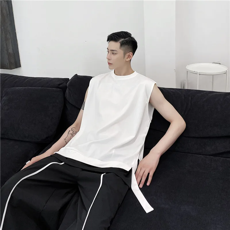 

Men Black White Splice Ribbon Hem Loose Tops Tank Male Streetwear Hip Hop Japan Style Sleeveless