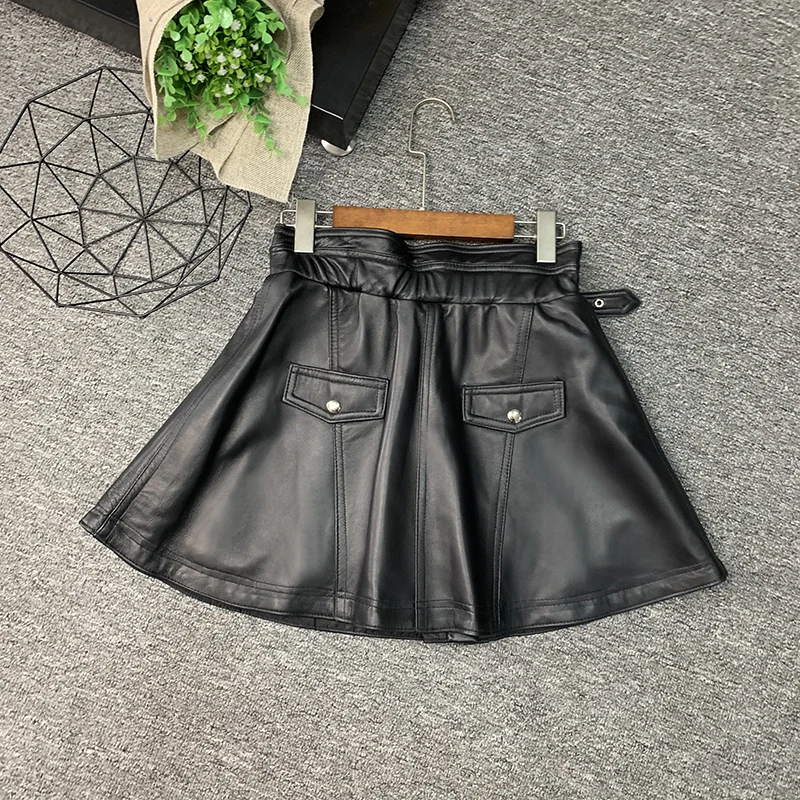 Women Sheepskin Sashes Zipper A-Line Short Skirts Punk Style Genuine Leather High Waist Black Mini Skirts Fashion Pleated Skirt