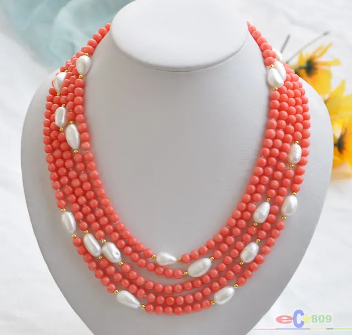 

S1540 natural 5row 21" pink coral bead white baroque pearl NECKLACE