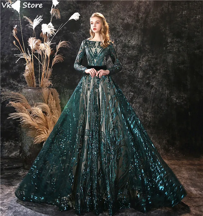 2024 Sequin Evening Dresses A-line Cap Long Sleeves Illusion Lace-up Elegant Luxury Sweep Train Prom Dress вечерние платья