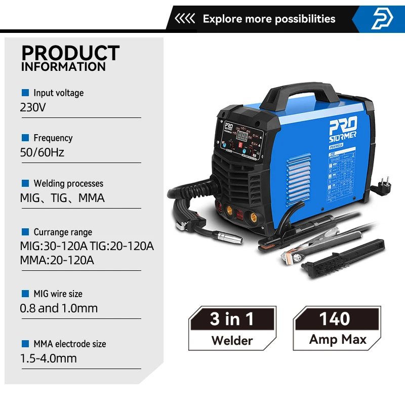 3 in 1 Welding Machine MIG Welder TIG MMA Flux Cored Wire 220V 140 Amp Max Welding Working PSWM01 by PROSTORMER