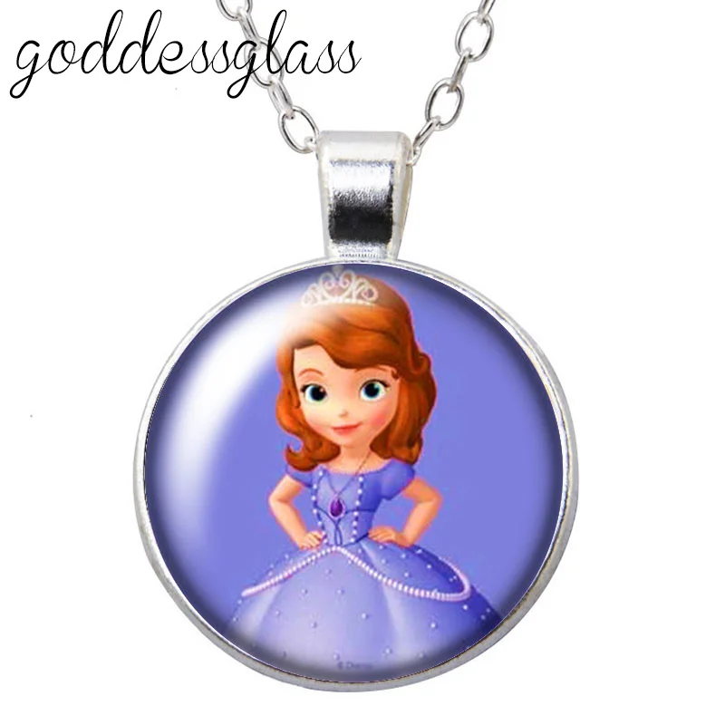 هدية الأميرات صوفيا للبنات كابوشون زجاجي مطلي بالفضة/قلادة كريستالية مجوهرات للأطفال