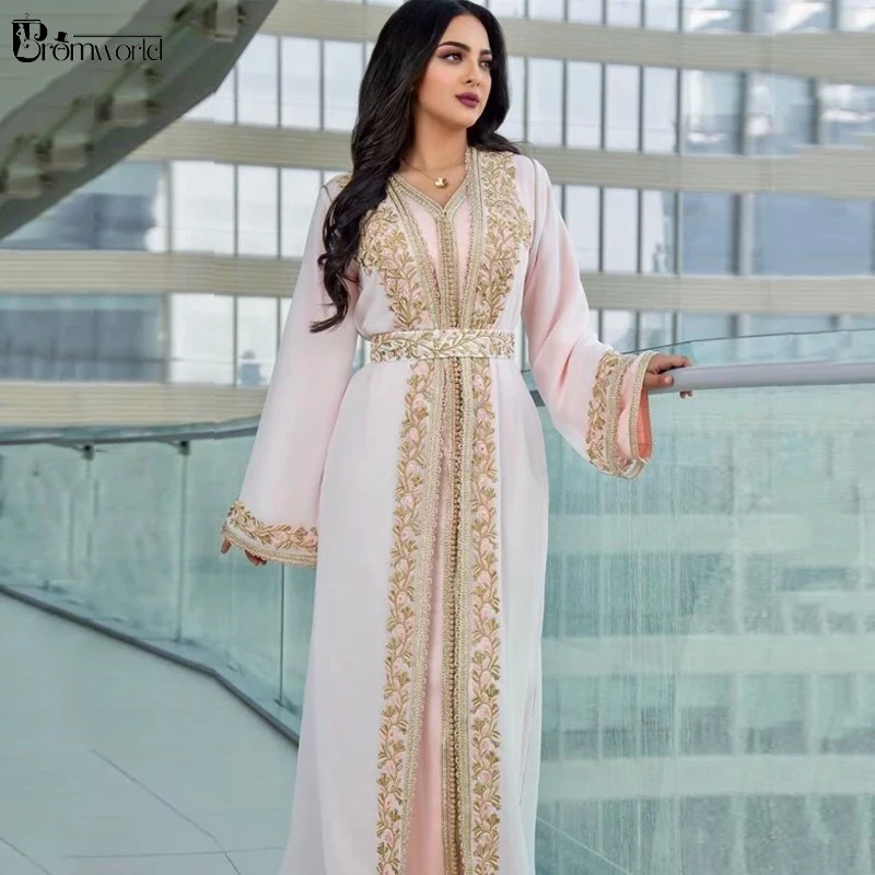 Pink Moroccan Caftan Evening Dress Gold Embroidery Special Occasion Dresses for Women Prom Long Sleeves Formal Party Gown 2022