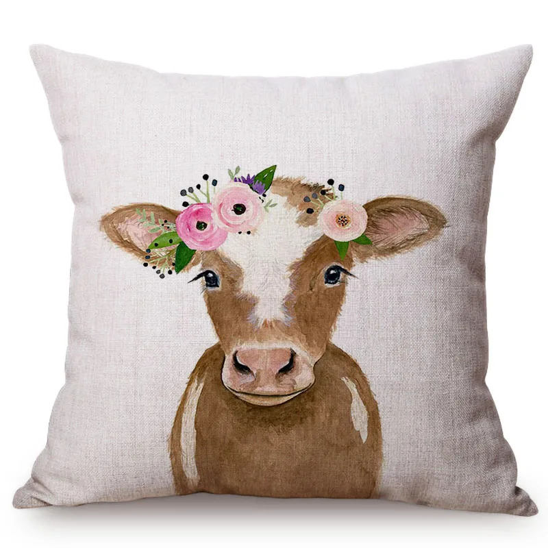 Watercolor Painting Cute Animal Cattle Rabbit Print Cushion Cover Owl Beautiful Dress Up Home Decor Throw Pillow Case cojines