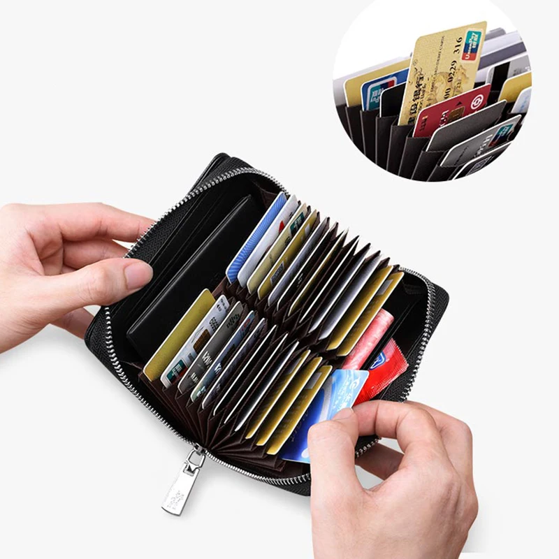 Leather Men's wallet short shielding NFC / RFID scanning multi function large capacity card bag fashion organ design link clip