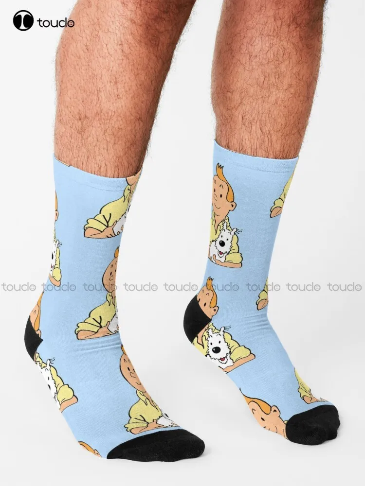 Tin Tin And Snowy Cartoon Socks Womens Black Socks Personalized Custom Unisex Adult Teen Youth Socks 360° Digital Print