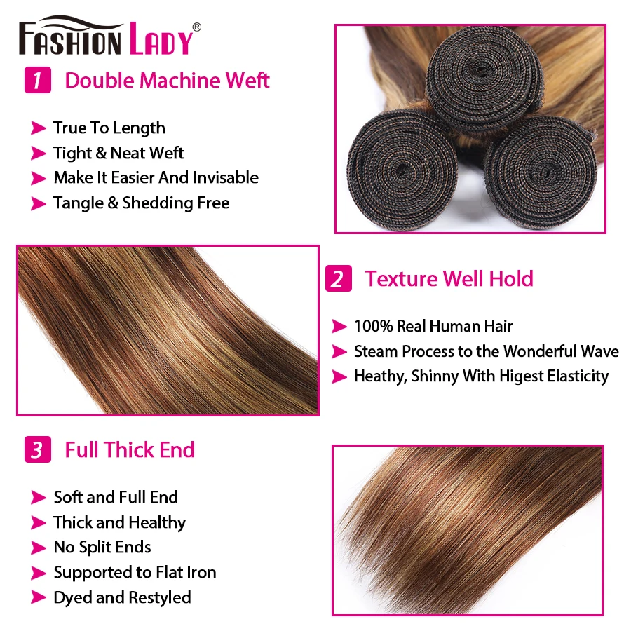 Fashion Lady – mèches brésiliennes non-remy lisses pré-colorées, cheveux naturels à reflets P4/27, lots de 3/4