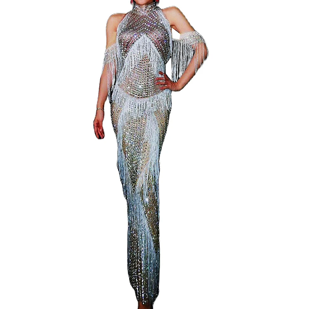 

Sparkling Women Rhinestones Fringe Ankle-Length Dresses Neck-Mounted Party Evening Drag Queen Costume Nightclub Dance Show Wear