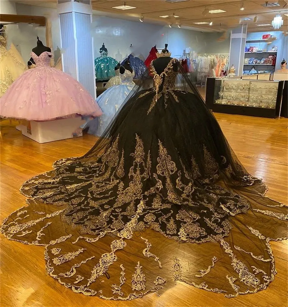 Black Gold Puffy Princess  Quinceanera Dresses with Cape Luxury Sparkly Applique Lace-up Corset Vestidos de 15 años customsized