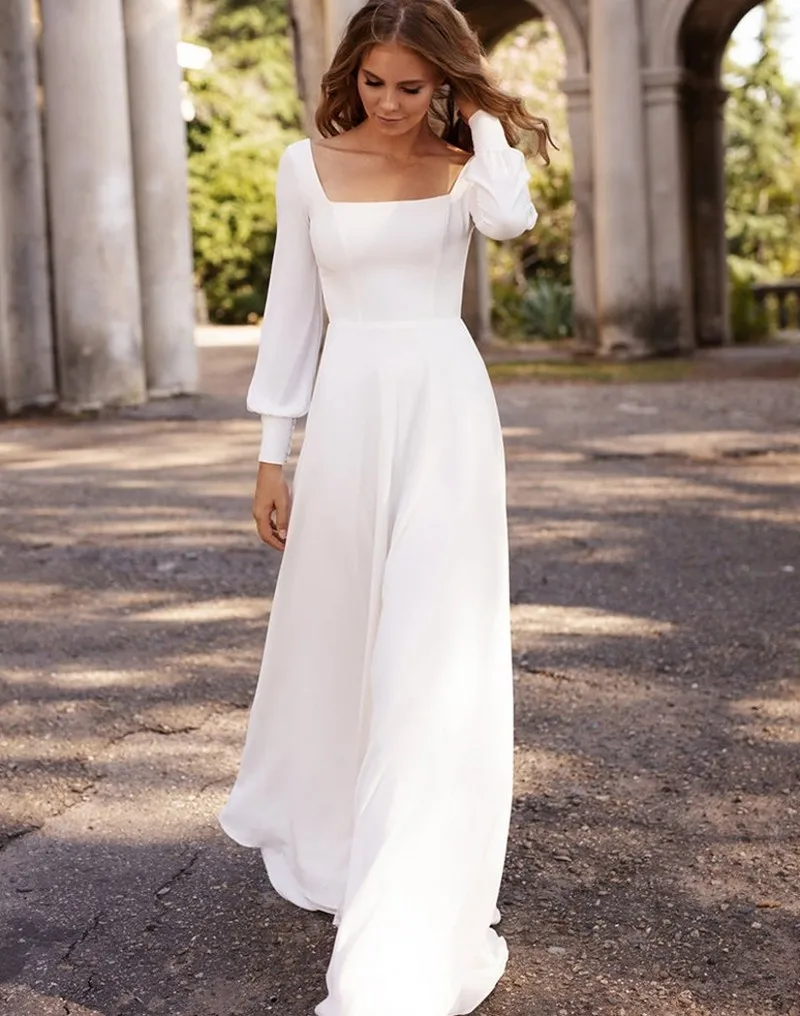 

Simple Long Sleeve Square Collar Wedding Dress 2024 Soft Satin Back Buttons Beach Bridal Gown Boho Vestidos De Mariage