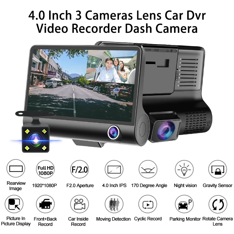 E-ACE Dashcam B28 Car DVRs 4 Inch Car Camera FHD 1080P Auto Recorder Dash Cam 3 Camera Lens Registrator with Rear View Camera