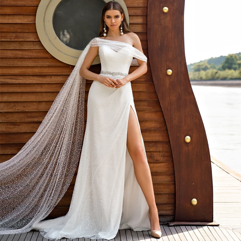 

One Shoulder Cloak Slit Beads Belt Illusion A-Line Glitter Tulle Sweep Train Wedding Dress Bride Gowns vestido de novia