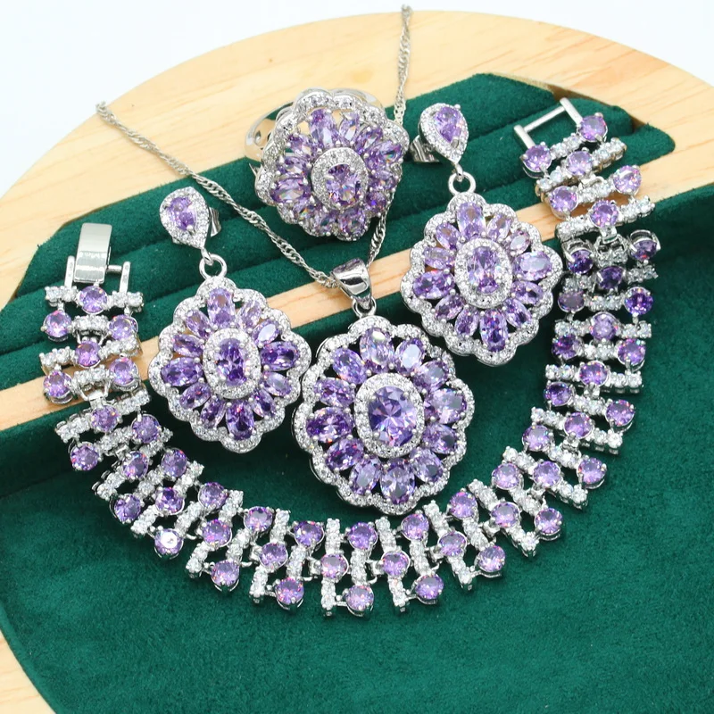 Bride Purple Zircon Silver Color Jewelry Set for Women Wedding Bracelet Earrings Necklace Pendant Ring Birthday  Gift