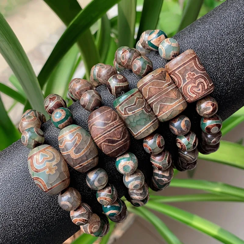 Big Size Natural Tibetan Dzi Agates Bracelet for Men Women Three Eye Lotus Nectar Grey Green Agat Stone Bracelet Healing Jewelry