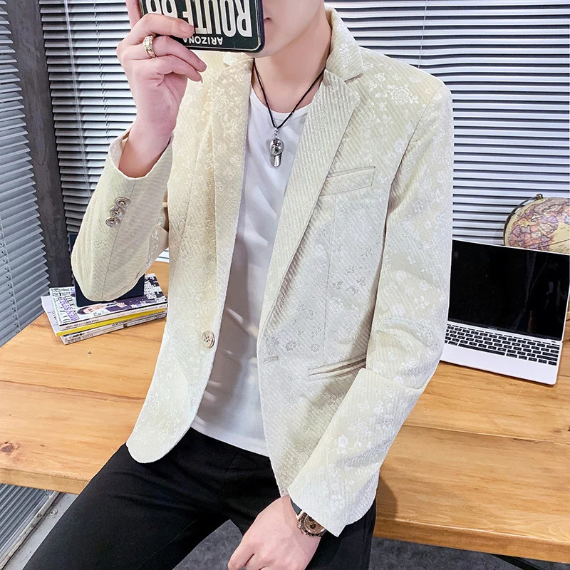 Long Men Sleeve Print Blazer Korean Style Casual Slim Suit Jacket Street Single Button Spring Autumn New Male Outerwear M-3XL