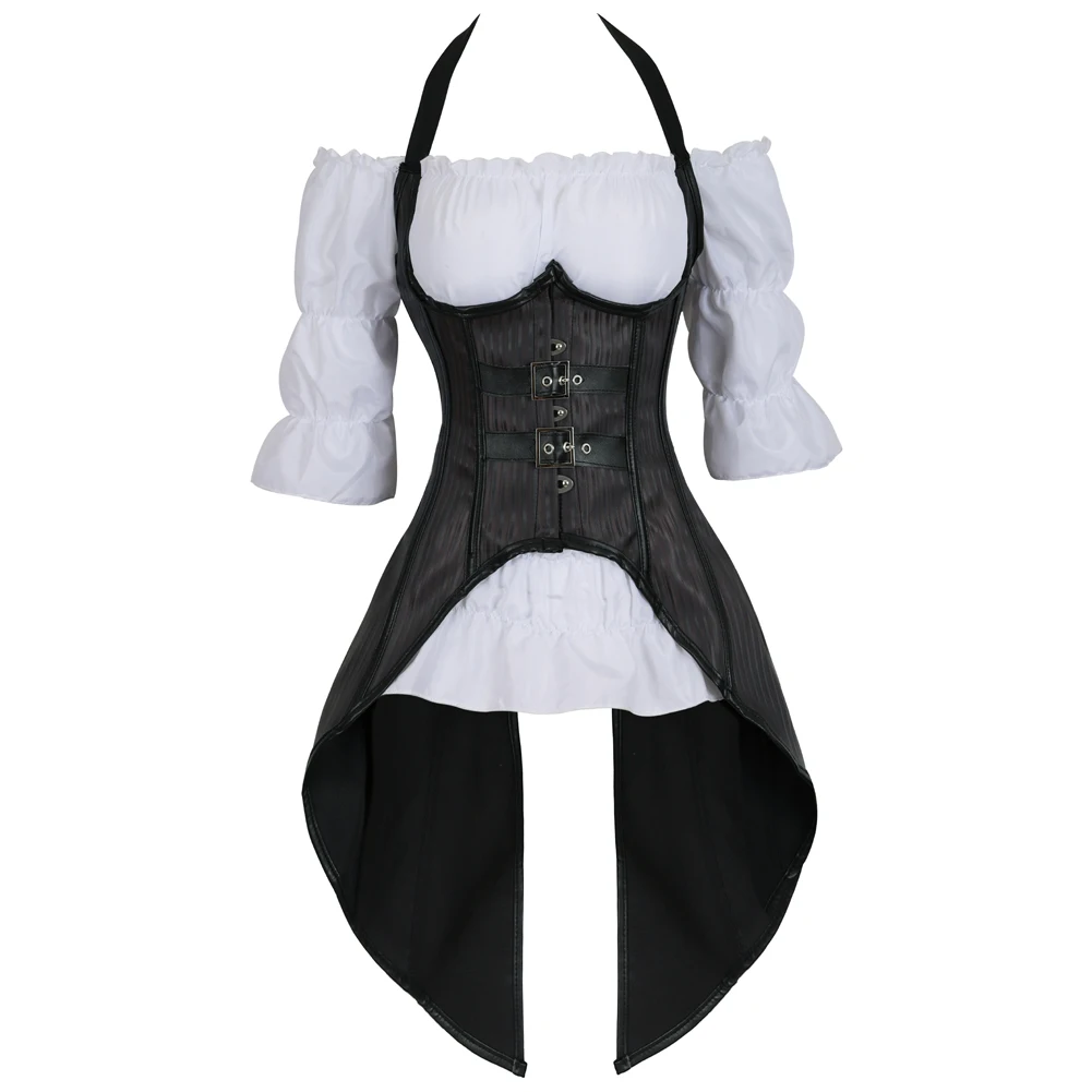 

Black Steampunk Corset with White Gothic Blouse Striped Long Straps Bustier Vest Top Plus Size Burlesque Costume Korsett 2Pieces