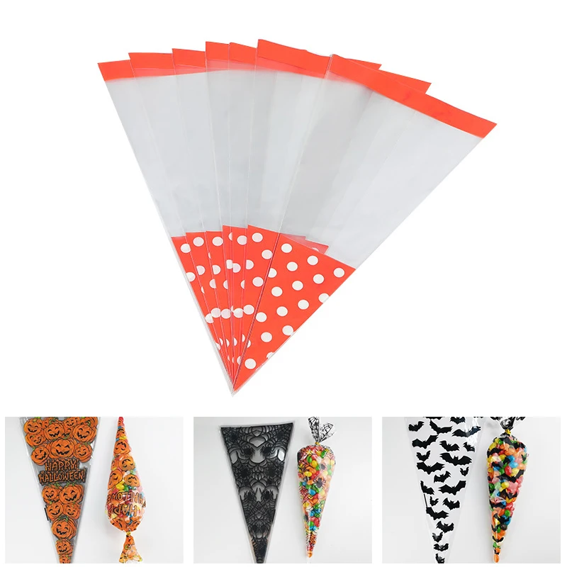 50pcs/Lot DIY Candy Bag Wedding Favors Halloween Christmas Party Decor Sweet Cellophane Print Cone Storage with Organza Pouches