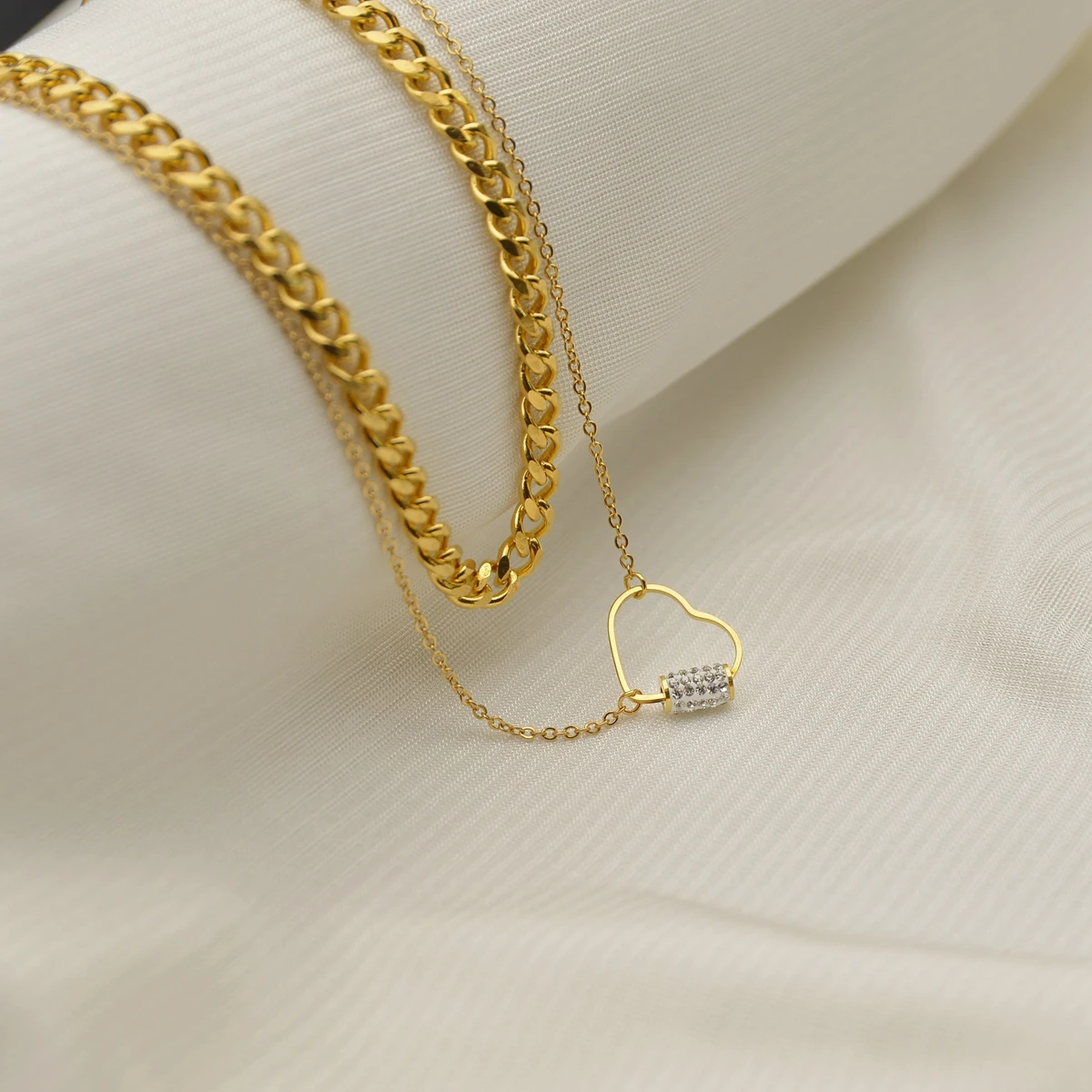 Akizoom Charm Heart Double Layers Necklace Stainless Steel Zircon Necklace for Women Thick Chain Pendant Jewelry Birthday Gift image 3