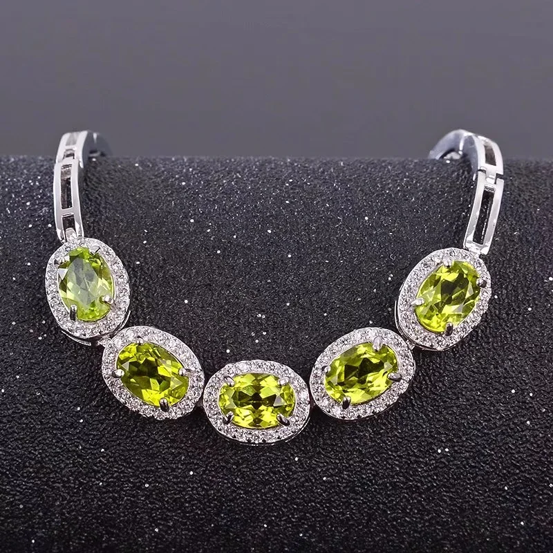 

Natural Peridot Bracelet for Women Birthday Party Gift 5*7MM 5 Pieces Green Gemstone Fine Jewelry Real 925 Sterling Silver