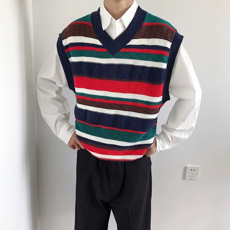 Autumn 2022 New Korean Concise Mixed Colors Vest Outerwear Male Vintage Stripe V-Neck Casual Pullover Knitted Vest Fashion