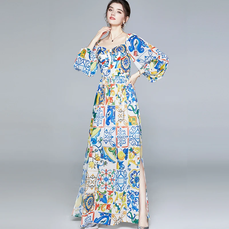 New Autumn Women Strapless Long Lantern Sleeve Backless Sexy Split Party Dress Runway Blue and White Porcelain Flower Maxi Dress