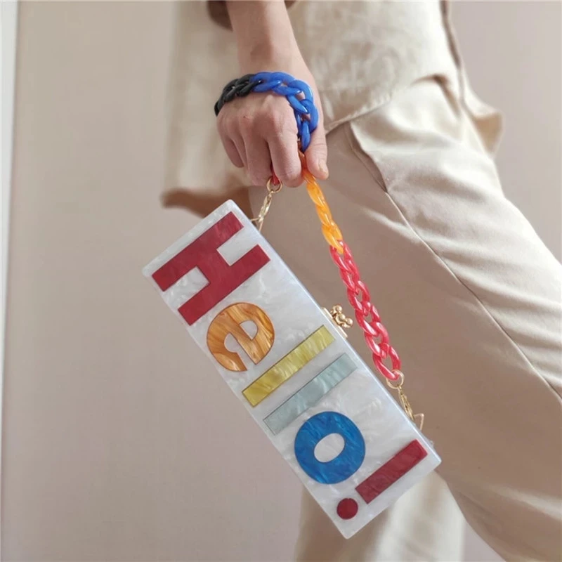 

Girl Series Hello Letter Pearl White With Colorful Hello Acrylic Box Women Shoulder Travel Beach Summer Bags Lady Bags