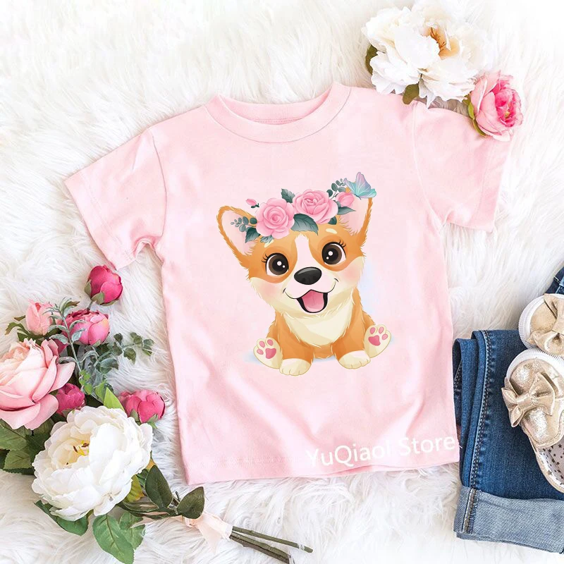 Floral Corgi/Poodle/Schnauzer/ShihTzu//Bulldog/Cavalier King Charles/Siberian Husky Dog Lover Baby Girl Pink Tshirt Kids Clothes