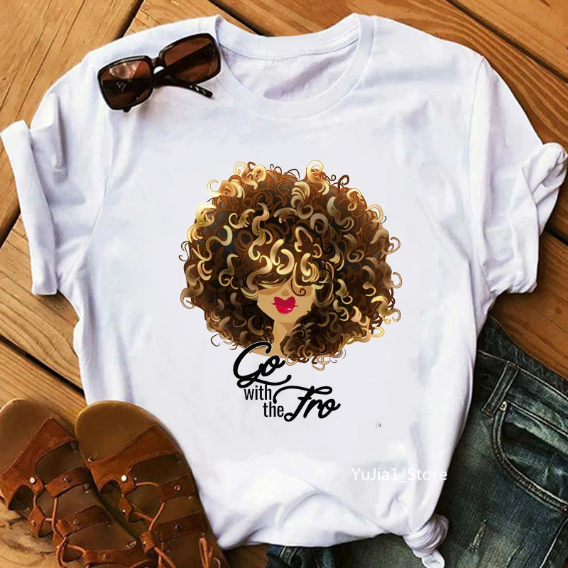 Flower Curly Puff Hair African Black Girl Print Tee Shirt Femme Magic Melanin Poppin Shirt Black Live Matter T Shirt Women Tops