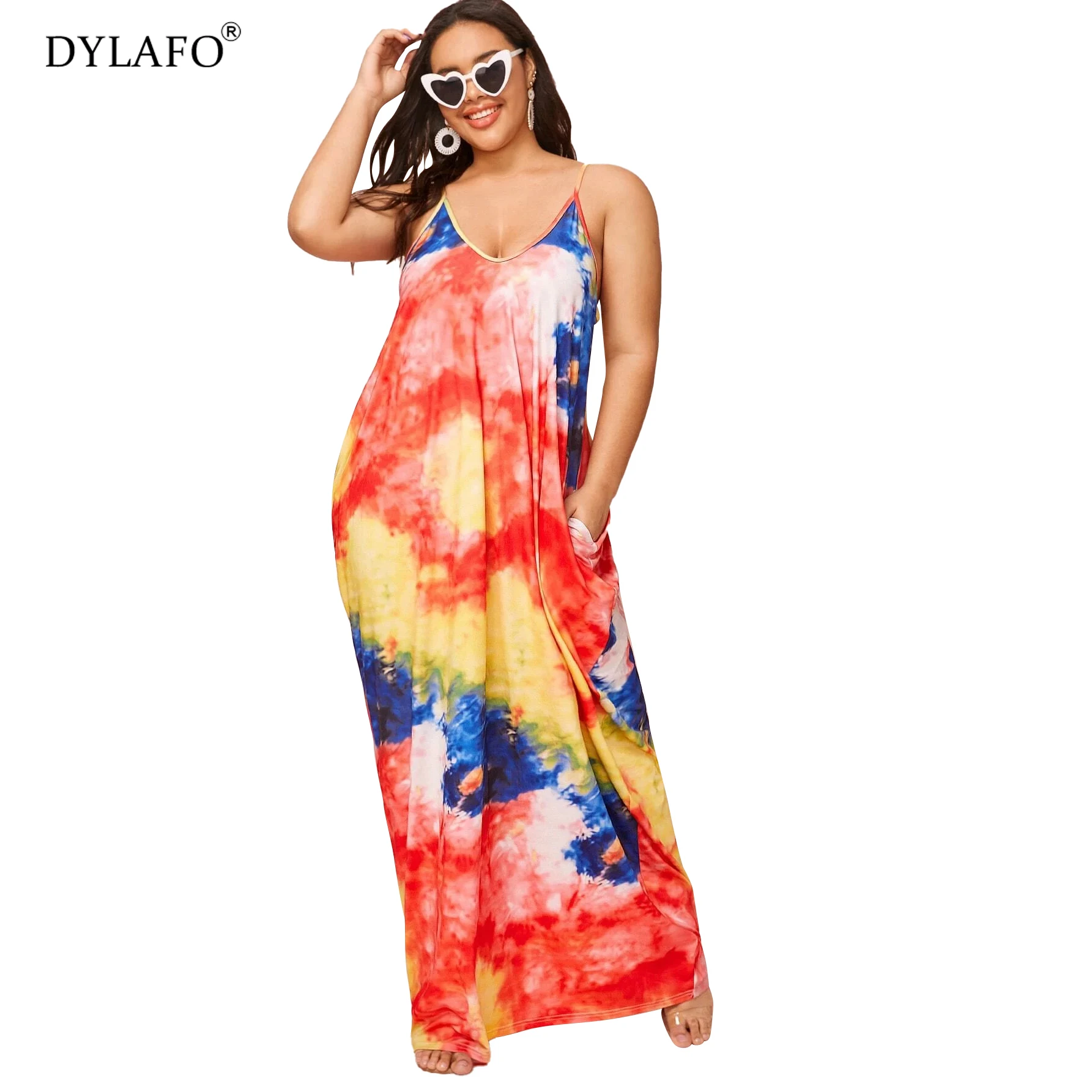 Hot Women's Summer Boho Dress Tie-dyed Long Maxi Evening Party Beach Dress Sexy Stylish Floral Print Sleeveless V Neck Sundress