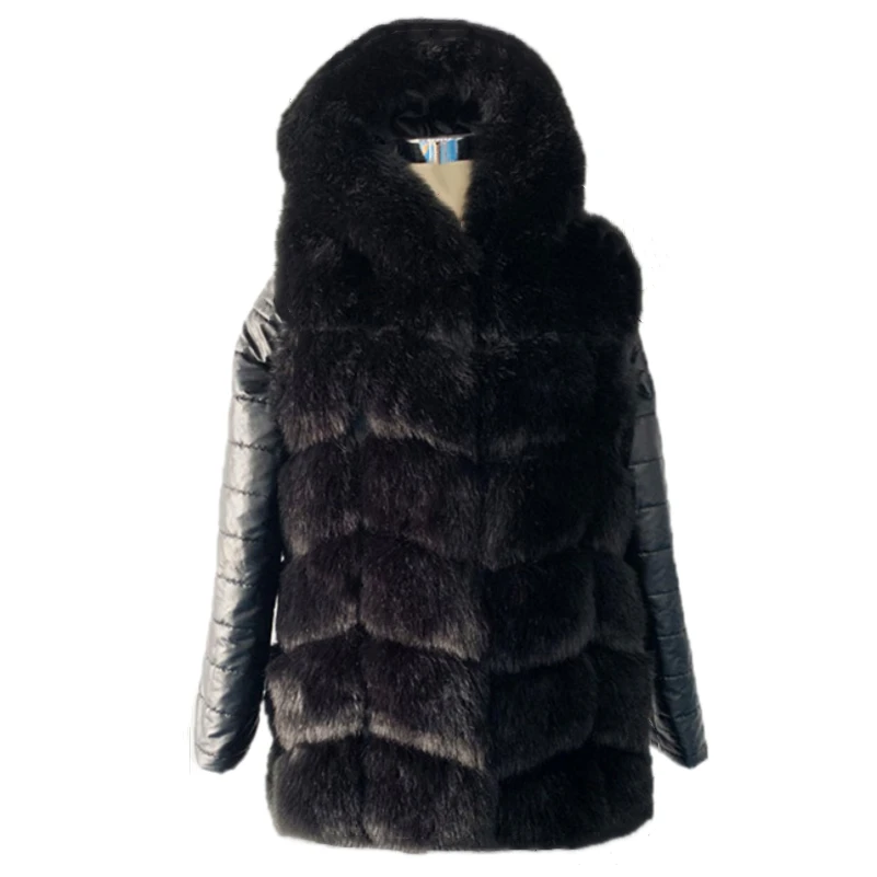 70CM Women Winter Warm Black Leather Removable Sleeve Fur Jacket Coat With Hooded Faux Fur Coat Outwear Thick Fox Fur Jacket