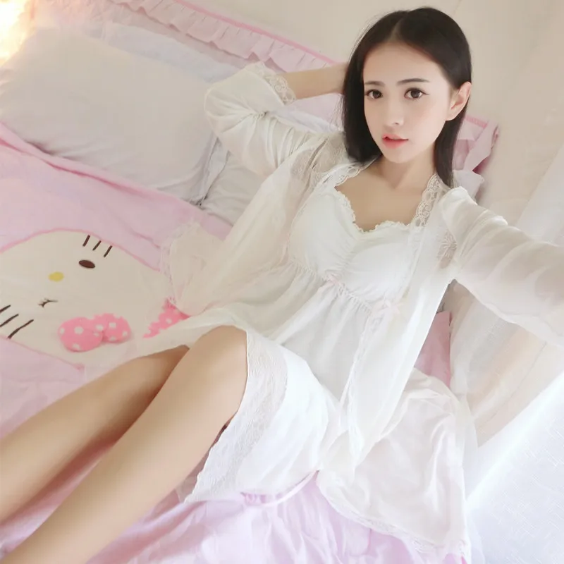 Lady Sexy Sleepwea Spring Summer Long Sleeve Robe Goddess With Chest Cushion Lace Princess Halter Belt Nightgown 2PCS Temptation