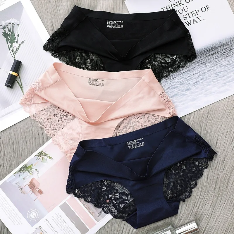 2Pcs Women\'s Cotton Underwear Sexy Lace Panties Mid-Waist Hollow Female Briefs Hip Lift Underpants For Lady Plus Size Lingerie