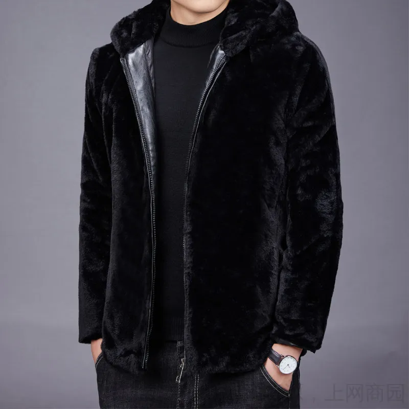 

Black Luxury Plush Fluffy Mens Mink Hood Jackets Large Size Mink Fur Coats For Winter Faux Fur Jacket 2022 Warm Clothing Huaband