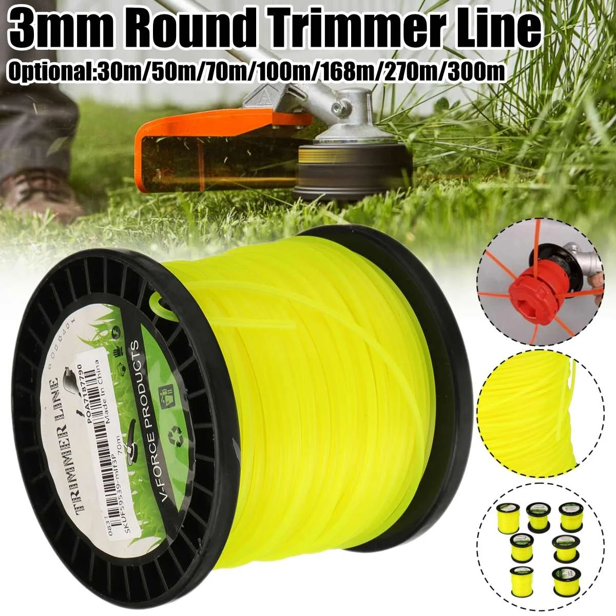 3 millimetri x 30m/100m/168m/270m/300m di Nylon Trimmer Corda qualità Fine Testa Decespugliatore Strimmer Linea di Taglio Filo Prato Accessori