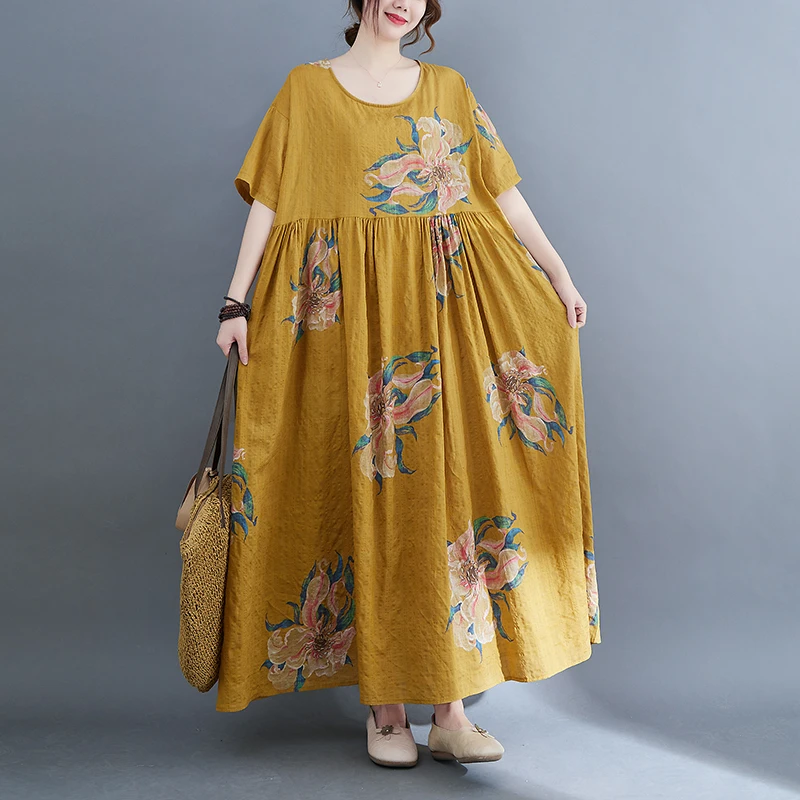 2023 New Spring Summer Women Over Size Cotton Linen Vintage Dress Print Casual Loose Long Dresses Female Robe Elegant Clothing