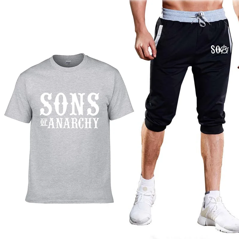 

2020 The New Summer Men's Short Sleeve SONS printing high quality Fashion casual Gradient Cotton Men's T-shirt+shorts suit 2pcs