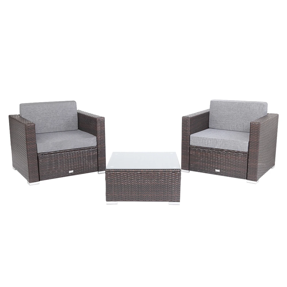 US Warehouse 2 Pieces Patio PE Wicker Rattan Single Sofa and 1 Piece Coffee Table with tempered glass