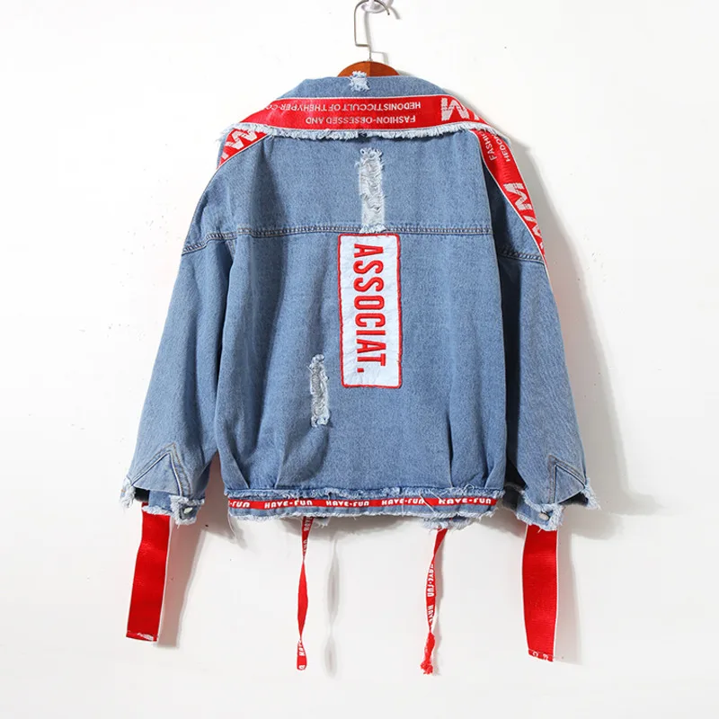 Harajuku Streetwear Denim Jacket Women 2021 New Hip Hop Letter Embroidery Ribbon Female Jeans Coat Irregular Cardigan Manteau