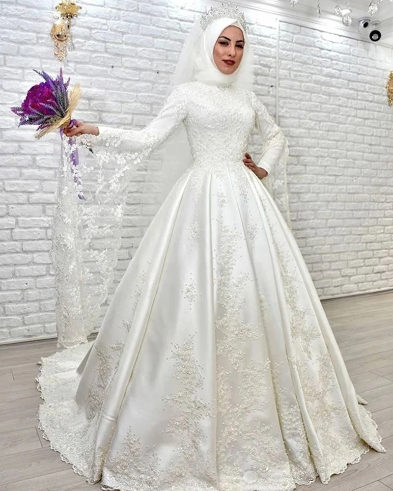 Abito da sposa musulmano di lusso A-Line collo alto maniche lunghe svasate pizzo abiti da sposa in raso arabo islamico Vestido De Noiva 2022