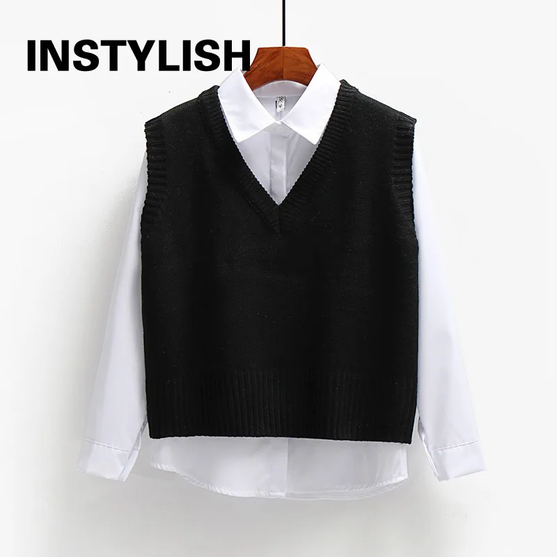 Women Sweater Vest Elegant V Neck Knitted Waistcoat Korean Harajuku Solid Loose Pullover Sleeveless Jacket Knit Top Outwear